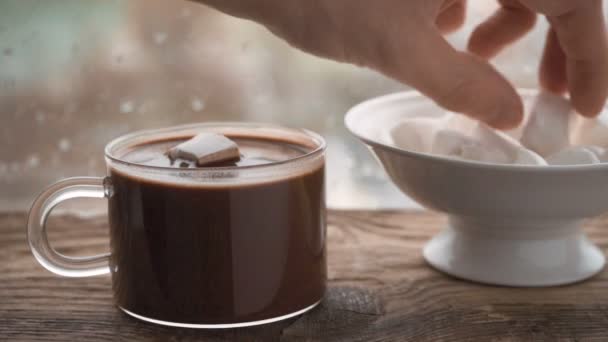 Pohár s kakaem a marshmallow, keramická mísa s marshmallow na okenní parapet — Stock video