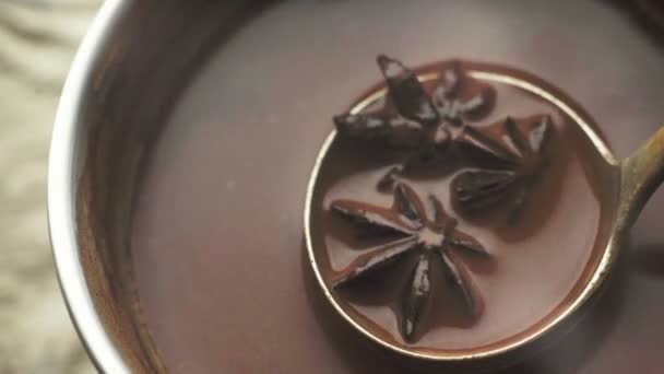 Stewpot avec du cacao et une cuillère avec un seau dedans — Video