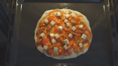 Bir fırın tepsisine fırın pizza margarita. Video