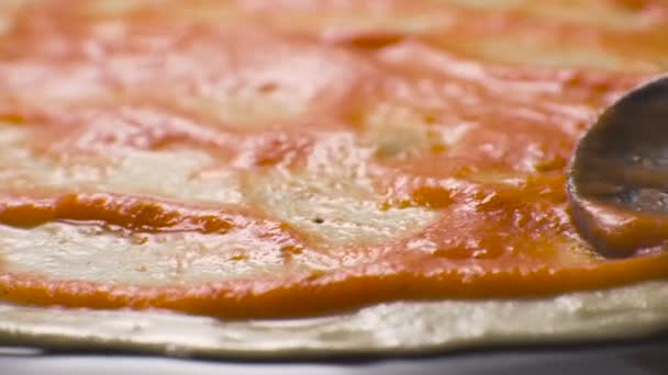 Fijn deeg voor pizza en tomaat paste. Video — Stockvideo