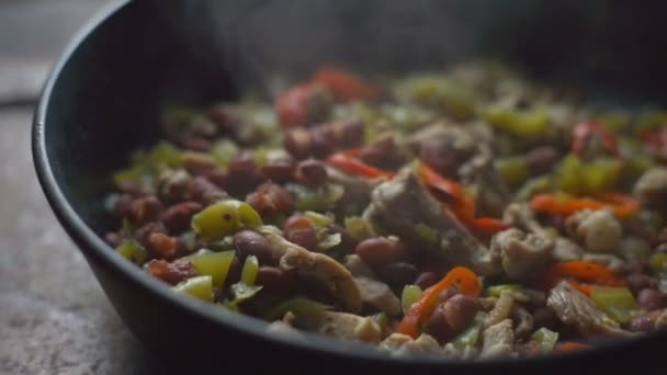 Steam over ready fajita close-up. Mexican food. Video — Stock Video