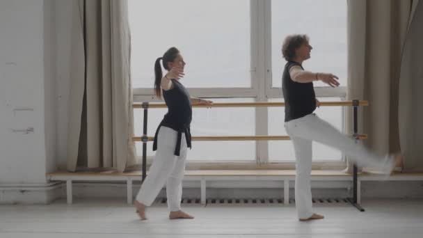 Εκπαιδευτής και μαθητής σε μάθημα χορού στο γενικό σχέδιο της αίθουσας — Αρχείο Βίντεο