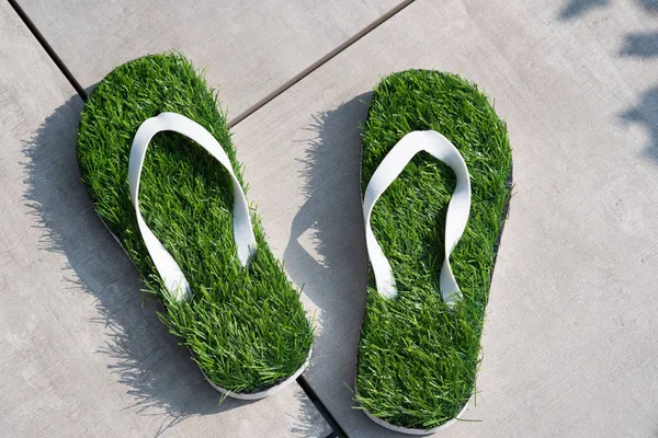 Flip-flops med grönt gräs ensam stå i solen — Stockfoto