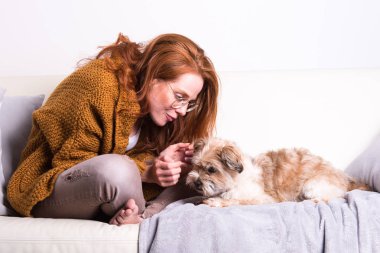 Güzel, Kızıl saçlı kadın kanepede onun köpeği ile