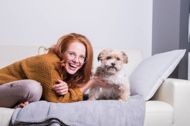 Güzel kızıl saçlı kadın kanepede onu köpek eğitiyor