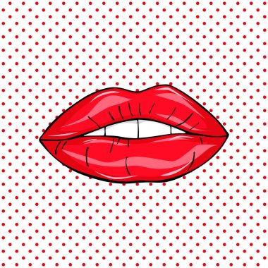 Tatlı seksi pop sanat parlak vektör dudaklar çifti. Açık seksi ıslak kırmızı dudaklar ile diş pop sanat set arka planlar, vektör çizim, desen
