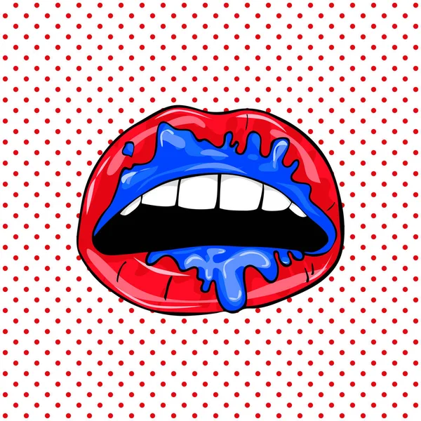 甘いセクシーなポップアートのペアの光沢のあるベクトルの唇 歯ポップアート セット背景を持つセクシーな濡れた赤い唇を開いて ベクトル イラスト パターン — ストックベクタ