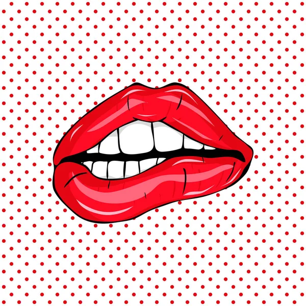 甘いセクシーなポップアートのペアの光沢のあるベクトルの唇 歯ポップアート セット背景を持つセクシーな濡れた赤い唇を開いて ベクトル イラスト パターン — ストックベクタ