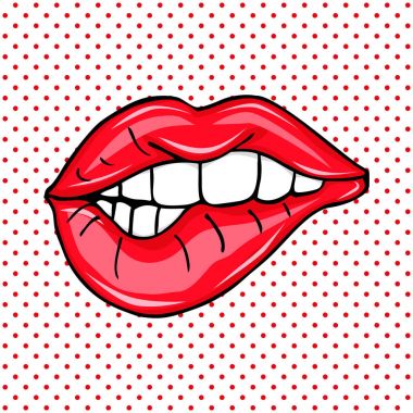 Tatlı seksi pop sanat parlak vektör dudaklar çifti. Açık seksi ıslak kırmızı dudaklar ile diş pop sanat set arka planlar, vektör çizim, desen