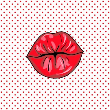 Tatlı seksi pop sanat parlak vektör dudaklar çifti. Açık seksi ıslak kırmızı dudaklar vektör çizim, desen