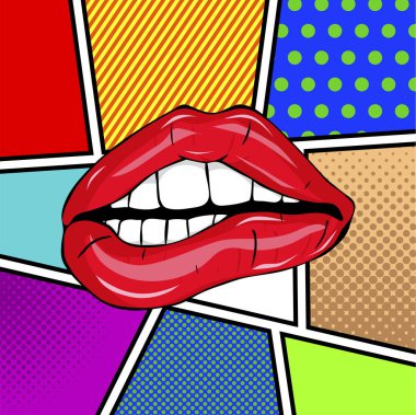 Tatlı seksi pop sanat parlak vektör dudaklar çifti. Açık seksi ıslak kırmızı dudaklar ile diş pop sanat set arka planlar, vektör çizim, desen