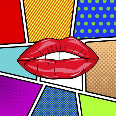 Tatlı seksi pop sanat parlak vektör dudaklar çifti. Açık seksi ıslak kırmızı dudaklar ile diş pop sanat set arka planlar, vektör çizim, desen