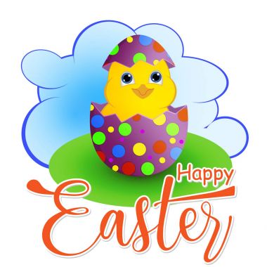 Mutlu Paskalya kartı. El kaligrafi yazı çekilmiş. renkli metin bulutlar beyaz zemin üzerine sarı sevimli tavuk. Vektör çizim