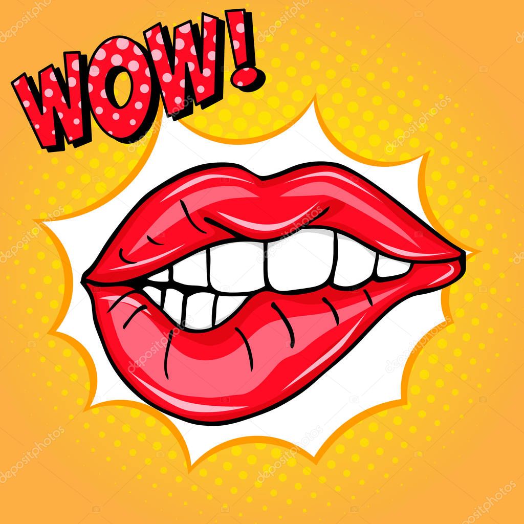 Sweet sexy pop art Pair of Glossy Vector Lips. Open Sexy wet red lips with teeth pop art set orange and yellow backgrounds, vector illustration, pattern, wow lettering