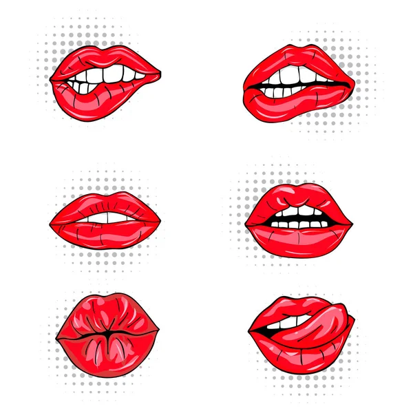 Kırmızı parlak ruj, öpüşme, baştan çıkarıcı seksi kadın dudaklarında kümesi ısırıldı, dil, lolipop, kiraz, gül, şeker. Glamour ağız beyaz arka plan üzerinde izole. Pop sanat tarzı kadın seksi ağız. vektör çizim