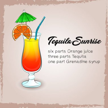 Tekila Sunrise kokteyli ingridients, vektör solated çizim