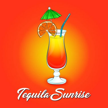 Tekila Sunrise kokteyli vektör çizim parlak zemin üzerine