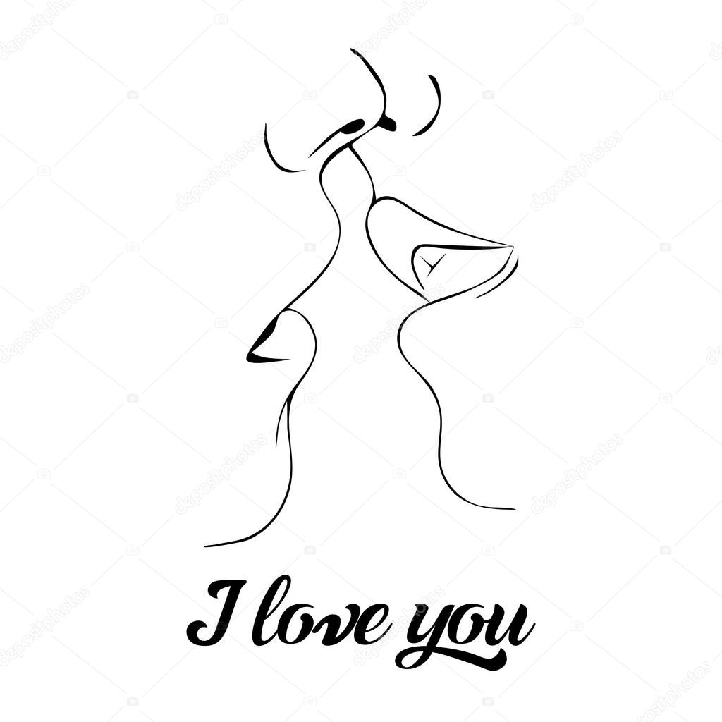 Realationship between man and woman, lips and kiss, black siluets, vector illustration on white background