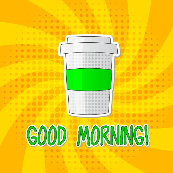 Good Morning Lettering Vector Illlustration Coffee Pop Art Style Yellow — Stock Vector