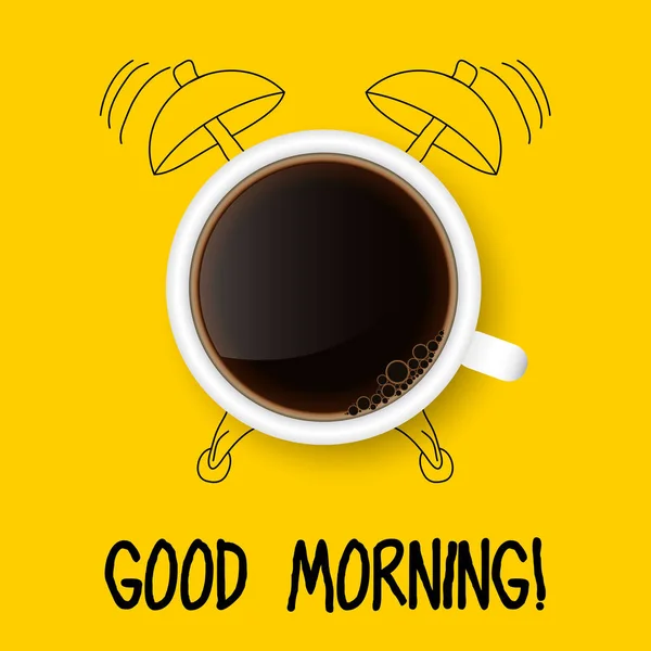 早上好 平面设计杯咖啡 黄色背景上的矢量隔离图解 带有警报 — 图库矢量图片