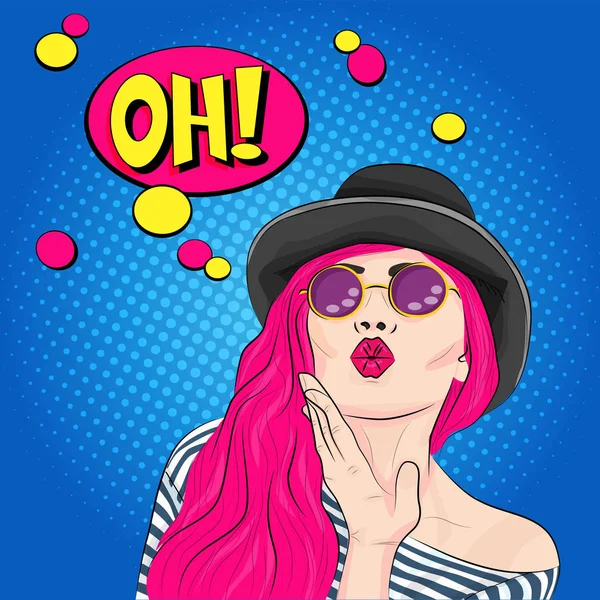 Pop art güzel kadın, Oh Etkisi. Mavi arkaplanda vektör izole edilmiş illüstrasyon