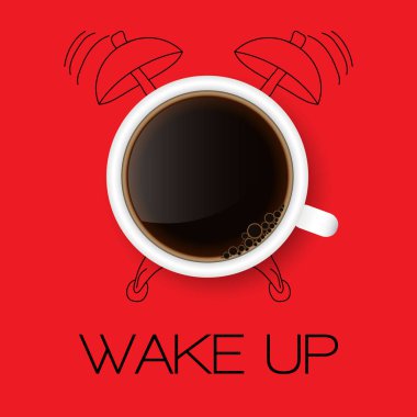 Uyanın! Düz Tasarım Kahve Fincanı, Sarı zemin üzerinde izole edilmiş vektör illüstrasyon ve alarm