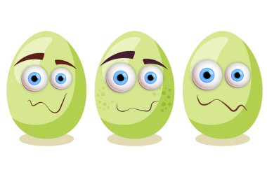 Mutlu Paskalyalar! Beyaz arka planda üç yeşil yumurta ve göz ile izole edilmiş vektör çizimi