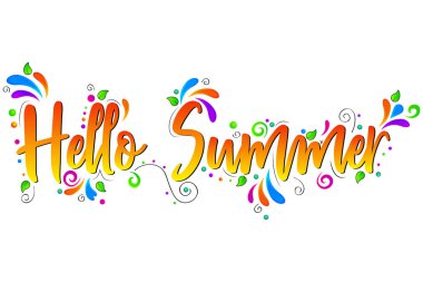 Merhaba Summer! Renkli Vektör harfleri çiçek elementleriyle beyaz arkaplanda izole edilmiş illüstrasyon. 