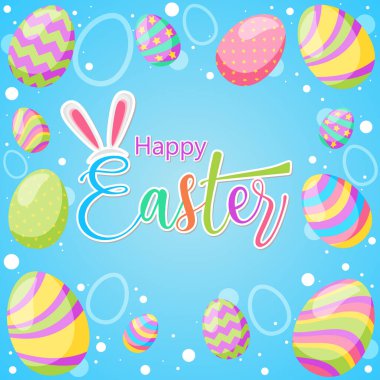 Mutlu Paskalyalar! Mavi arkaplanda yumurta ve harf metni ile izole edilmiş vektör illüstrasyon. 