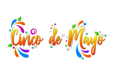 Cinco de Mayo! Renkli Vektör harfleri çiçek elementleriyle beyaz arkaplanda izole edilmiş illüstrasyon. 