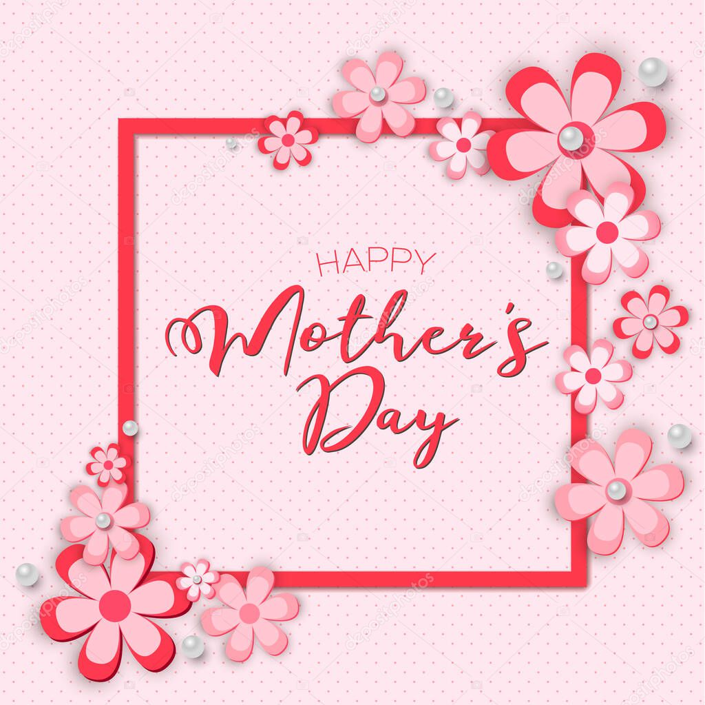 Happy Mother's Day! Paper Cut Style.! Vector lettering illustration with flowers on pink background. 