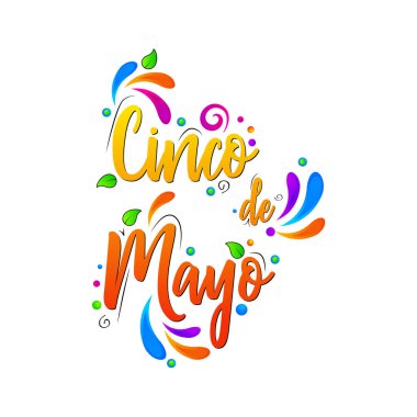 Cinco de Mayo için vektör tebrik kartı, kıvrımlı yazı tipi, El Yazması harfleri, Meksika fiestası, çiçek süslemesi, afiş, beyaz arkaplanda vektör izole edilmiş illüstrasyon