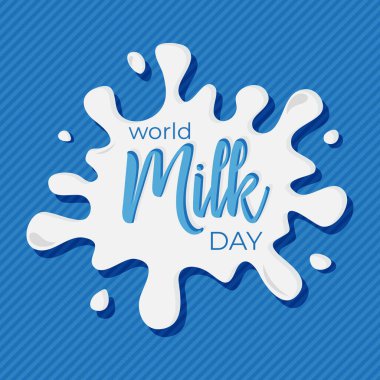 Dünya Süt Günü harfleri. Tebrik kartı çizimi. Mavi arkaplanda vektör izole edilmiş illüstrasyon