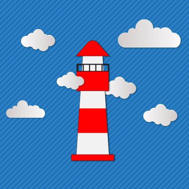 Kağıttan yapılmış karikatür deniz feneri bulutlu modaya uygun zanaat stili. Reklam için modern minimalist tasarım, markalaşma tebrik kartı, kapak, poster, afiş. Vektör illüstrasyonu.