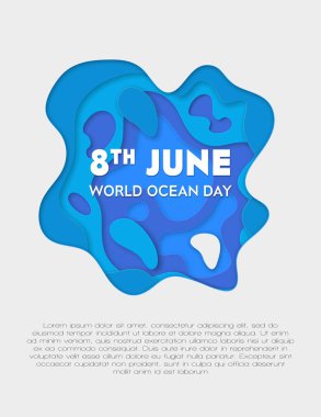 Kağıt sanatı Dünya Okyanus Günü konsepti. Kutlama, dünya okyanuslarını, suyunu, ekosistemini korumaya ve korumaya adanmıştır. Mavi 3d origami el işi deniz dalgaları kağıdı. Vektör izole illüstrasyonu
