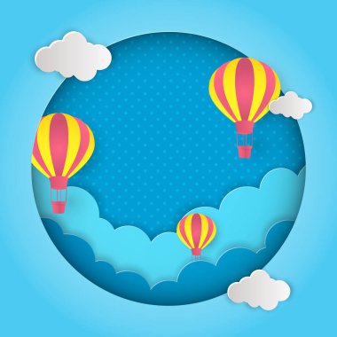 Pembe ve sarı balon arka planı. Kağıt sanatı. Gökyüzü ile mavi arkaplan üzerine vektör illüstrasyonu