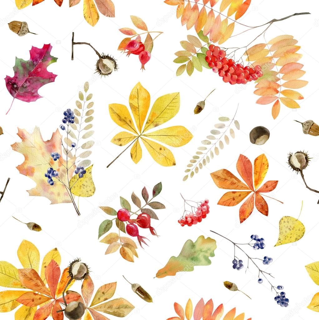 hand painted watercolor seamless pattern of autumn leaves