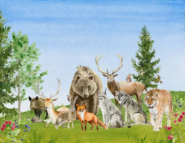 Acuarela cartel pintado a mano con animales —  Fotos de Stock