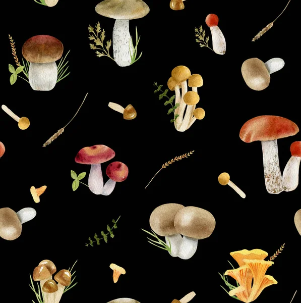 Seamless pattern repeated tile of watercolor mushrooms — Stock Photo, Image