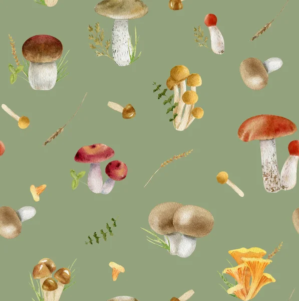 Seamless pattern repeated tile of watercolor mushrooms — Stock Photo, Image