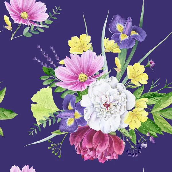 Beautiful watercolor floral peony seamless pattern