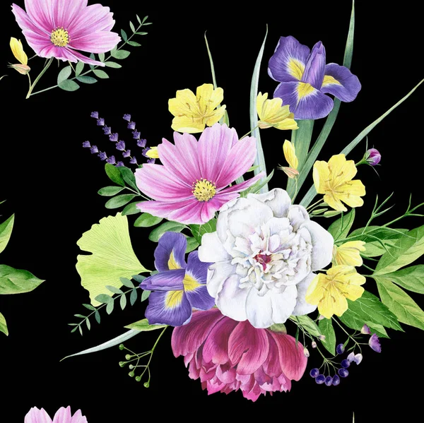 Hermosa acuarela peonía floral patrón sin costuras —  Fotos de Stock