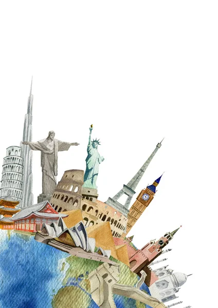 A világ városlátogatások csipeszes írótábla festett, akvarell, utazási con — Stock Fotó