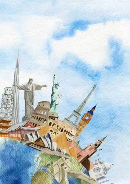 A világ városlátogatások csipeszes írótábla festett, akvarell, utazási con — Stock Fotó