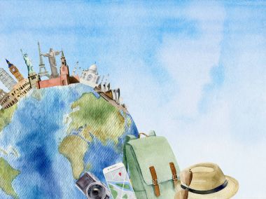Cliparts suluboya traveler's aksesuar arka plan üzerinde 