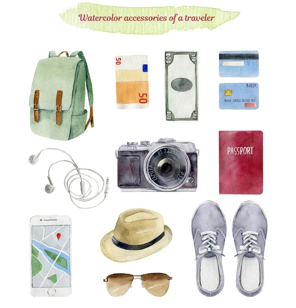 Klembord traveler's accessoires vakantie artikelen paited in wat — Stockfoto