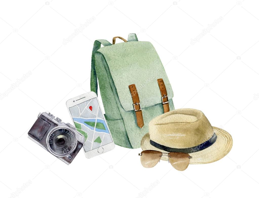Cliparts of traveler's accessories vacation items paited in wate