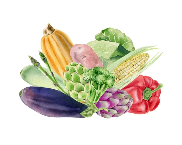 Handbemaltes Aquarell-Cliparts mit frischem Gemüse — Stockfoto