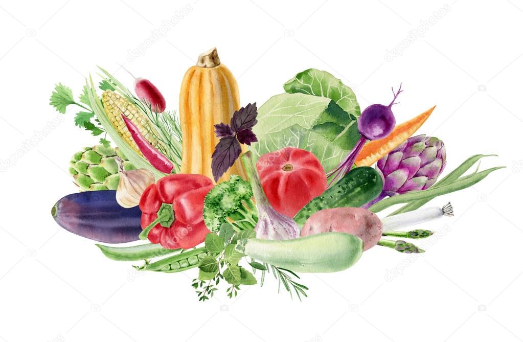 Handpainted watercolor clipart with fresh vegetables