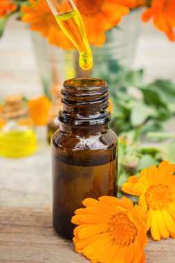 Küçük şişe calendula yağı (Pot kadife çiçeği özü, tentür, infüzyon)